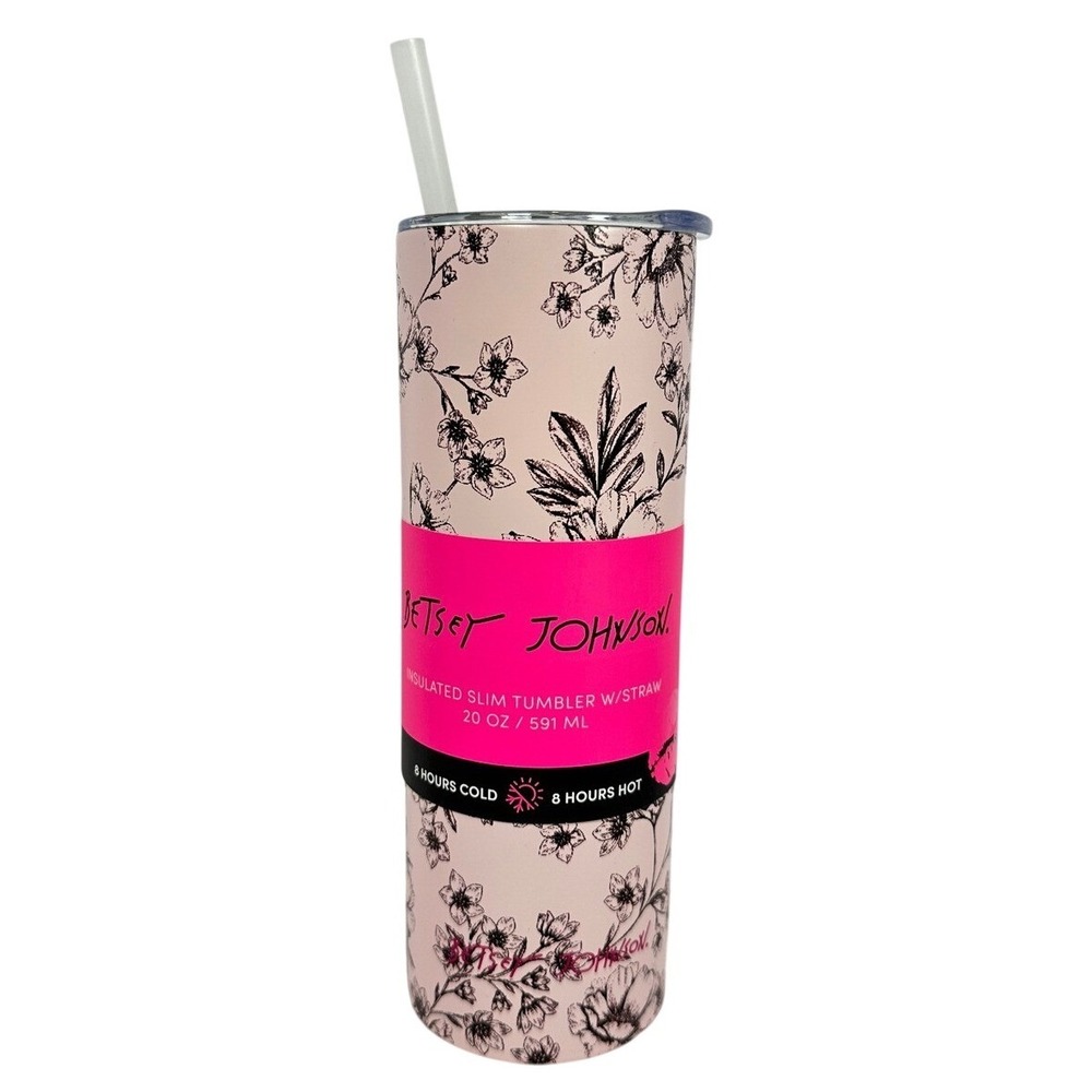 Betsey Johnson Slim Tumbler Women 20oz Pink Floral New Insulated Straw Stainless